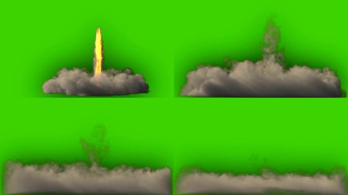 火箭发射的废气。详细的逼真动画，带有动态的防火排气，绿色屏幕前冒烟。