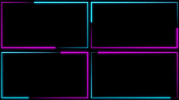 霓虹灯背景，带发光二极管框架屏幕。荧光抽象蓝色，紫色。循环动画4k