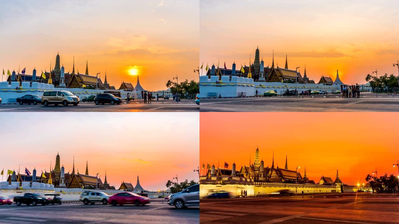 泰国曼谷的佛寺 (Wat Phra Kaew temple) 或翡翠佛寺的日夜日落时间。是一个重要而