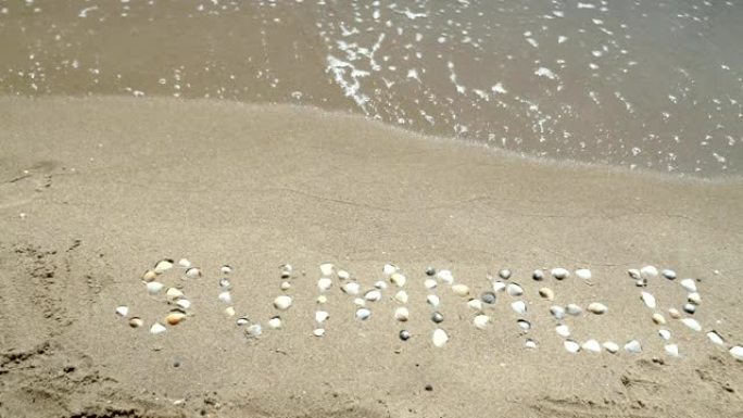 夏天写在沙子的铭文夏天写在沙滩上的贝壳。