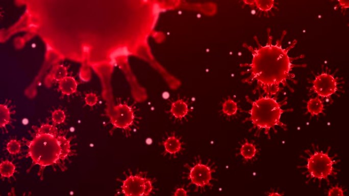3D渲染动画，红色冠状病毒细胞新型冠状病毒肺炎流感在深红色渐变背景下流动，作为危险流感毒株病例作为大