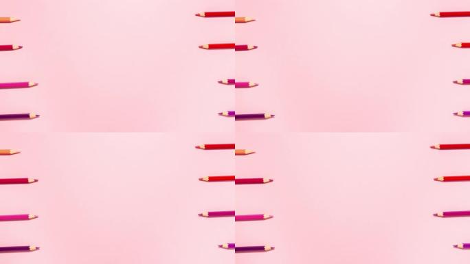 木制铅笔平放，复制空间在粉红色定格动画