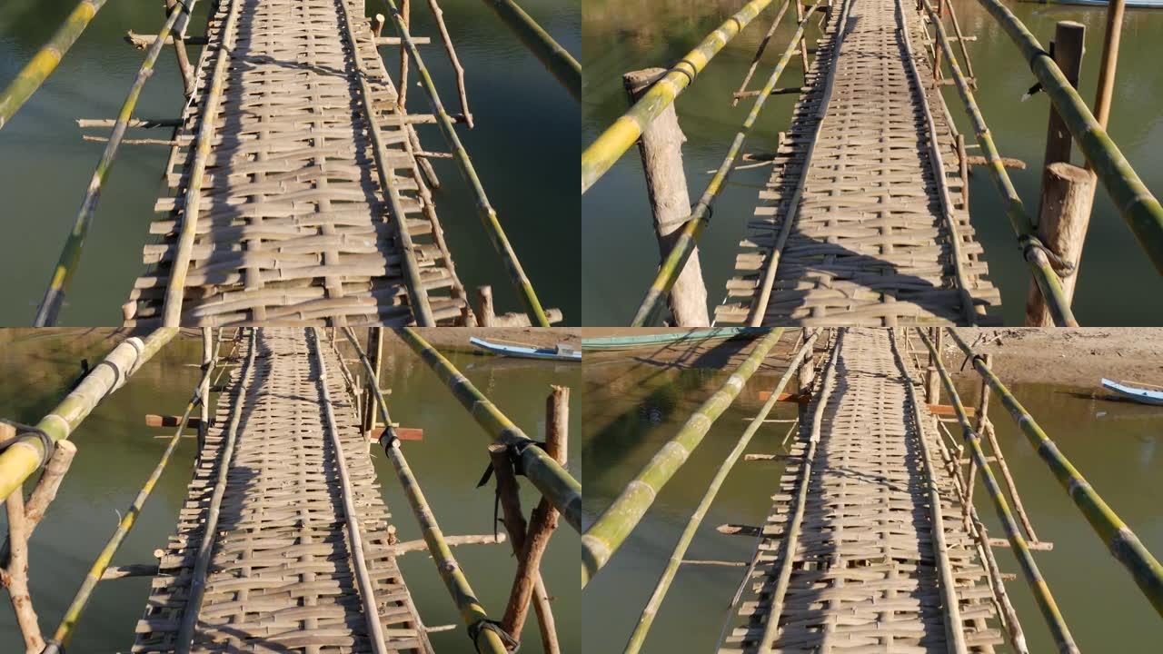 横跨河的老竹桥。不客气。先进