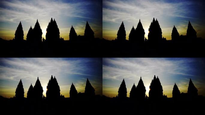 普拉巴南印度教寺庙轮廓的广角拍摄日落，橙色的天空，广角拍摄，爪哇，日惹，印度尼西亚