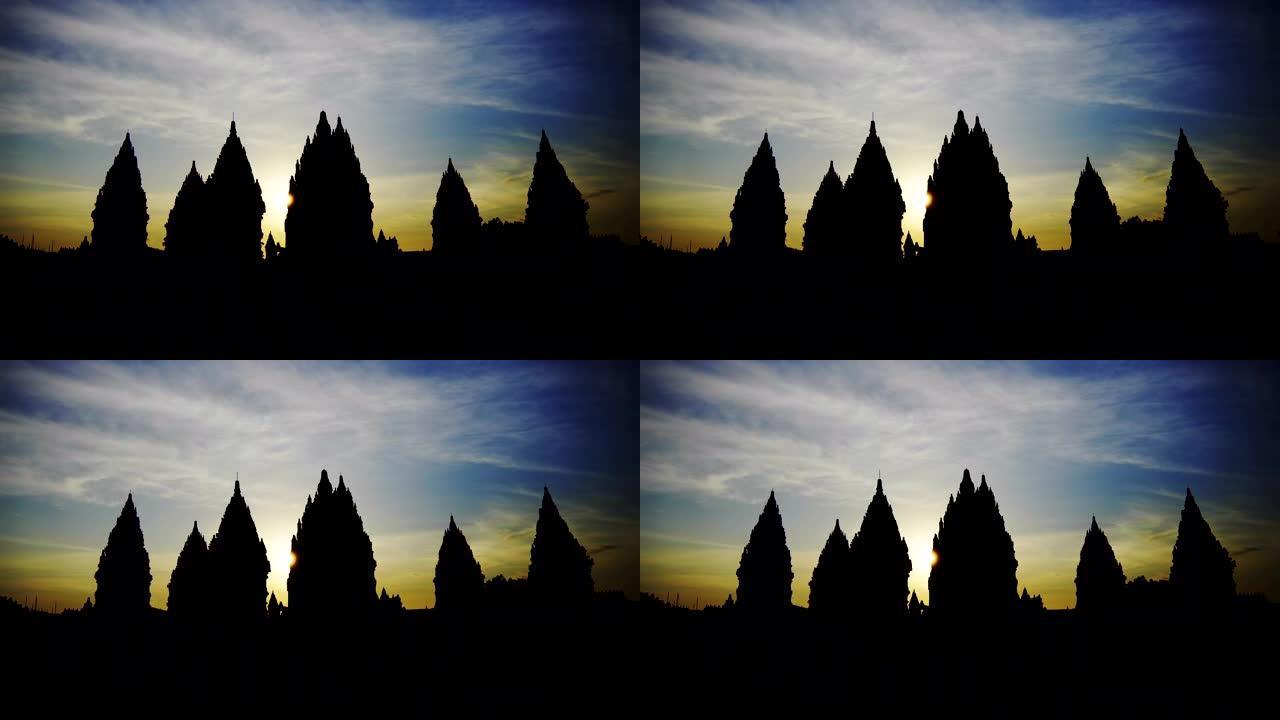 普拉巴南印度教寺庙轮廓的广角拍摄日落，橙色的天空，广角拍摄，爪哇，日惹，印度尼西亚