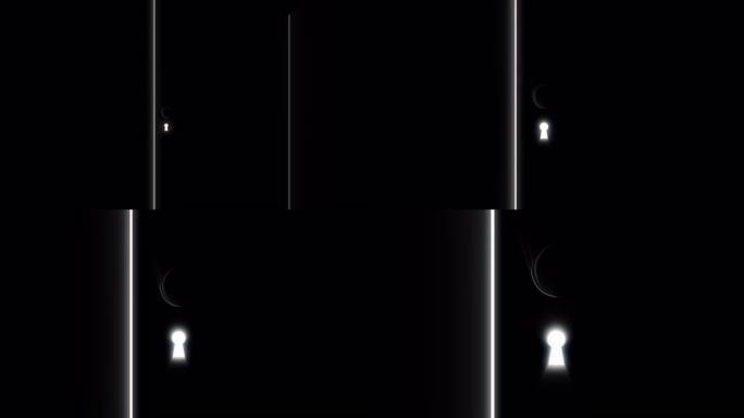 黑暗房间中的门和钥匙孔的抽象动画，带有闪亮的光线。动画。没有钥匙粘在里面的钥匙孔