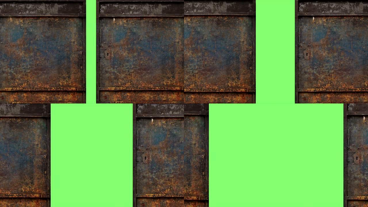4k动画-金属生锈的门打开到绿色屏幕背景