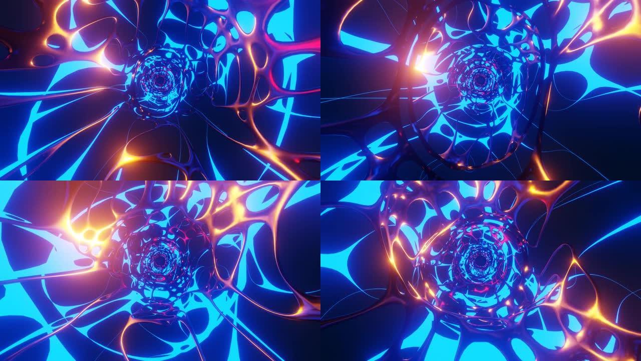 抽象3D蓝光模糊激光能量橙色金属神经变焦速度黑色技术未来动画视频插图。