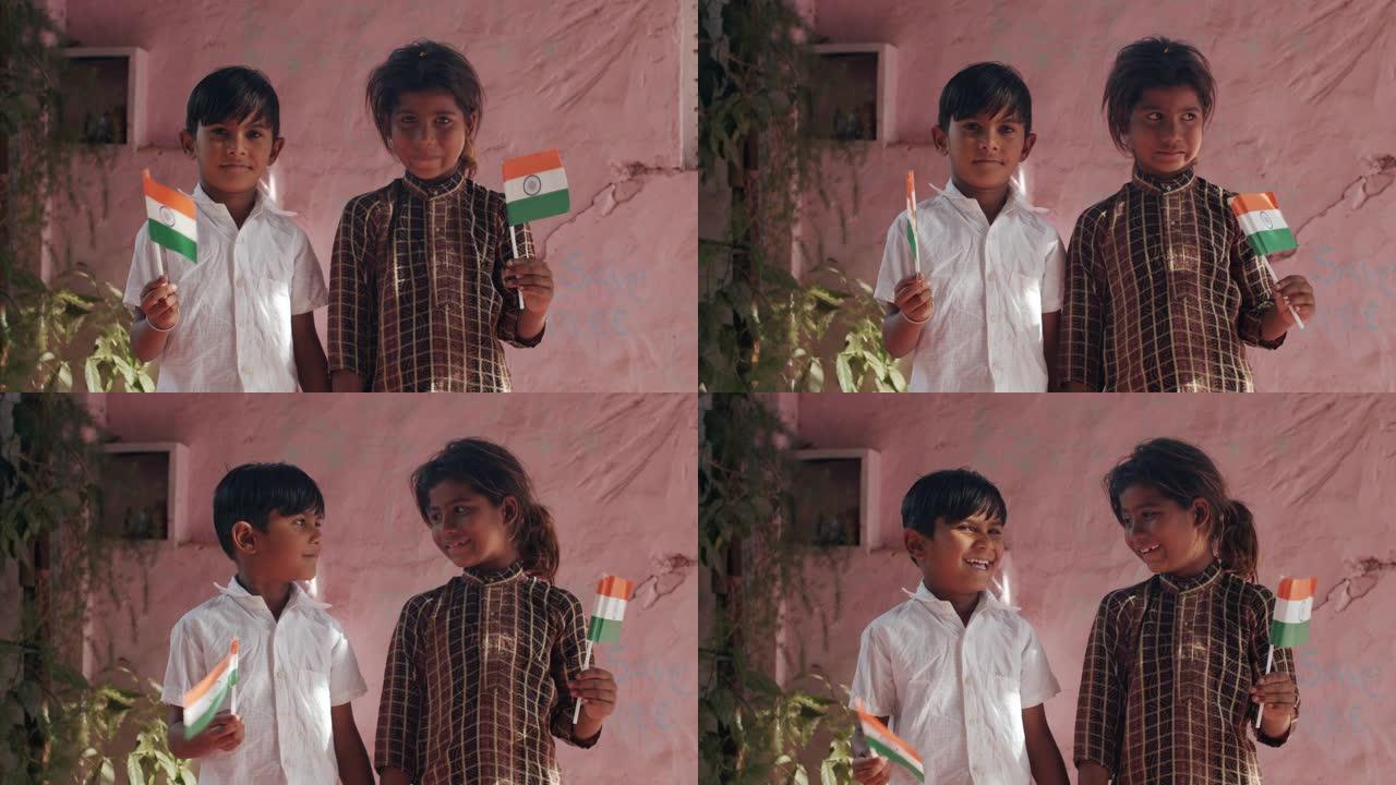 印度孩子在他们的房子外面闲逛