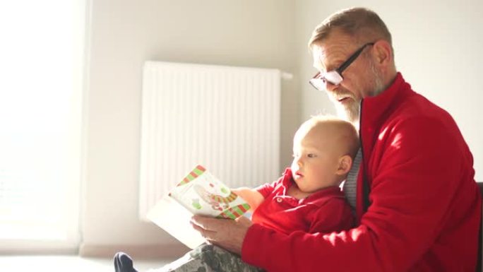 老人和一个18个月大的男孩坐在地板上读儿童读物。祖父和孙子，家庭安慰，好祖父，平安夜