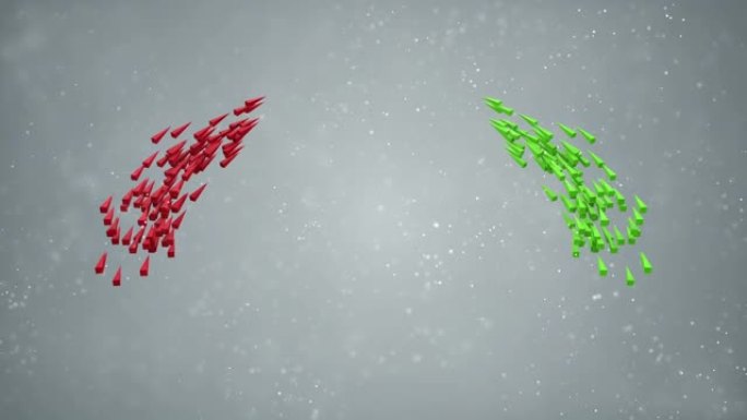 绿色和红色箭头在灰色背景上群飞，循环3D动画上有光