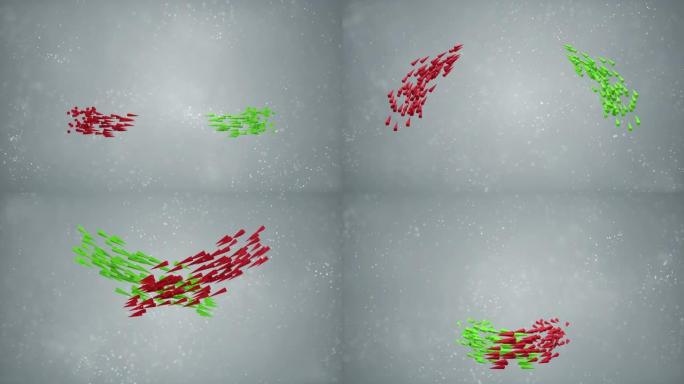 绿色和红色箭头在灰色背景上群飞，循环3D动画上有光