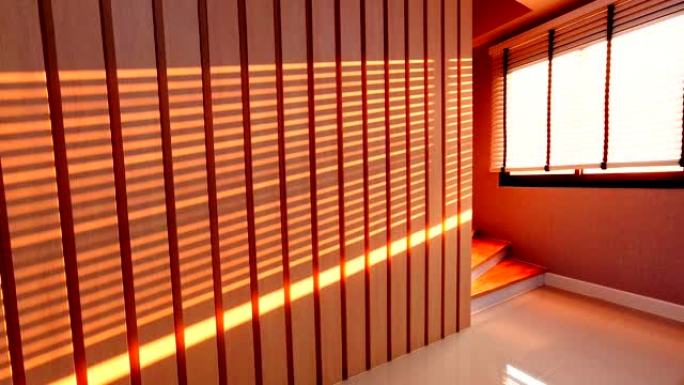 美丽的窗户盲影图案运动图形木墙创意室内设计与阳光的橙色