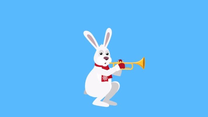 卡通小圣诞兔子平角色音乐播放小号动画。包括亮度哑光
