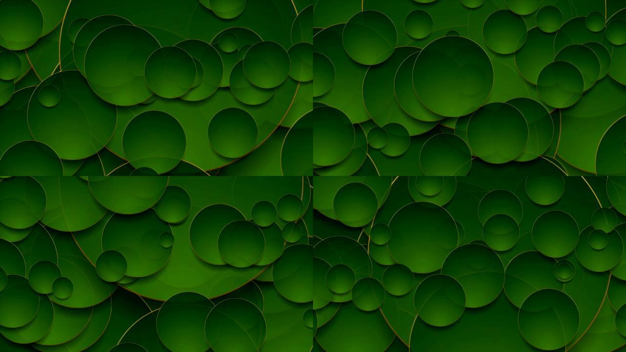 带有抽象金色和绿色圆圈的技术几何视频动画