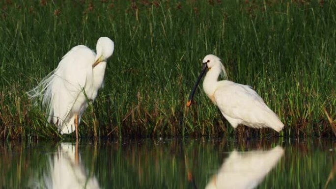 欧亚琵鹭 (Platalea leumorodia) 早上站在浅水中。绿色植物，长喙的白鹭鸟。