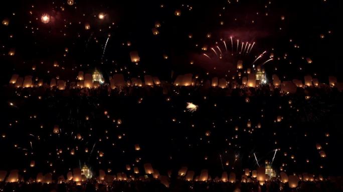 泰国清迈节日期间，易鹏兰纳灯笼漂浮在夜空。