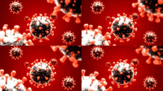 分散的电晕病毒红色背景，新型冠状病毒肺炎3d渲染