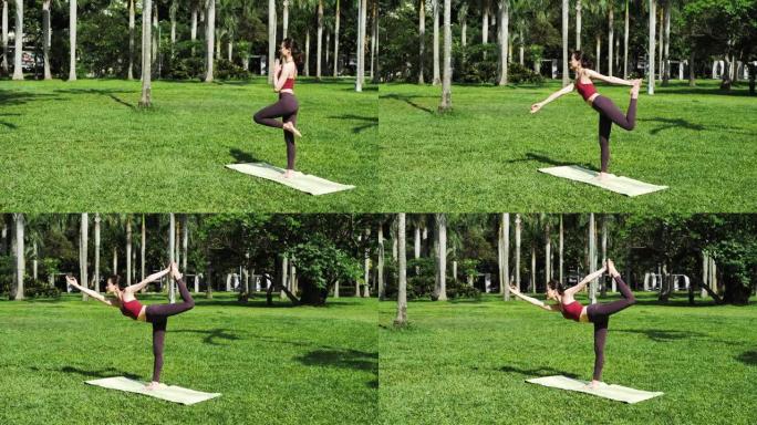 亚洲美丽的年轻女子在公园锻炼瑜伽