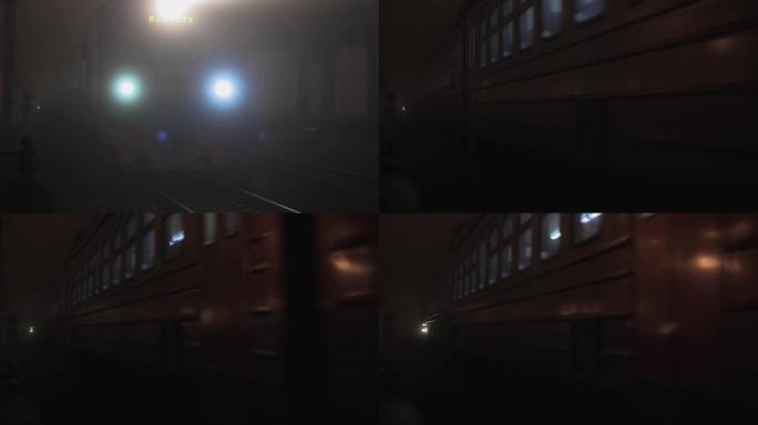 夜车铁路灯光穿越大雾