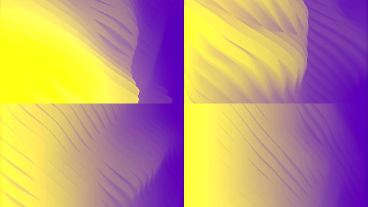 波浪形运动的黄色几何线类似于海面的流动，周围有紫色的彩雾，计算机模拟。现代彩色动态动画。3d渲染。高