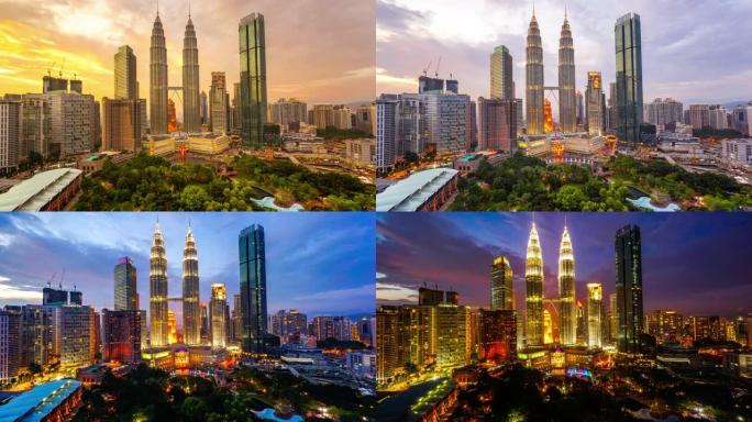 马来西亚吉隆坡日落时国油塔的延时。