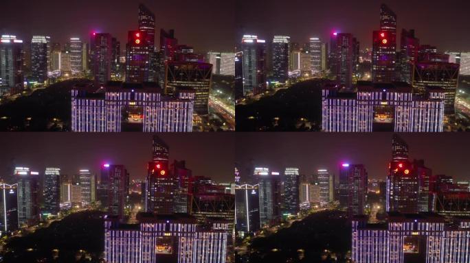 夜间照明杭州市中心现代建筑空中全景4k中国