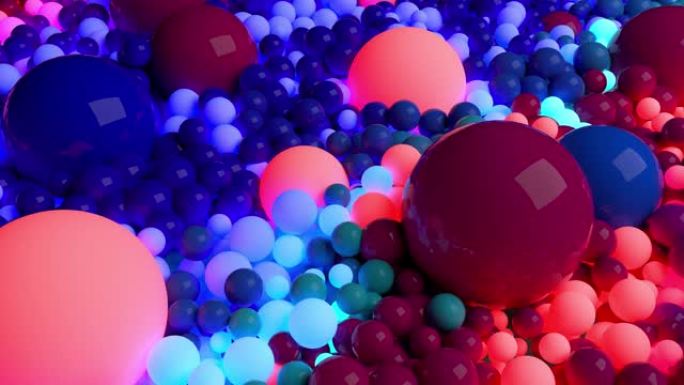 深色成分，彩色球覆盖表面，其中一些发光。4k抽象背景中的3d，带有球体的流动动画