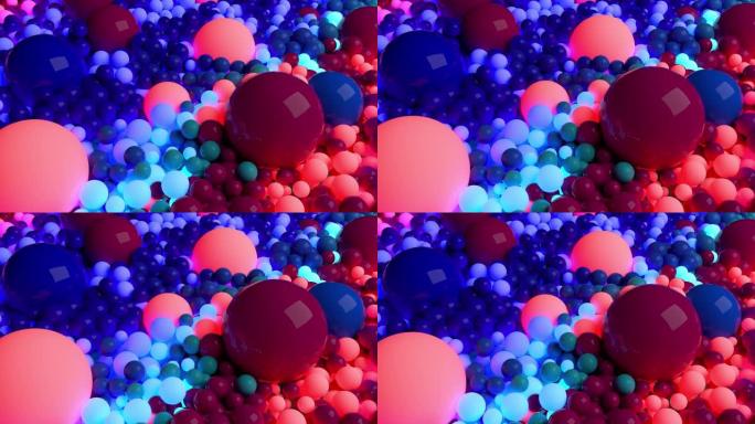 深色成分，彩色球覆盖表面，其中一些发光。4k抽象背景中的3d，带有球体的流动动画
