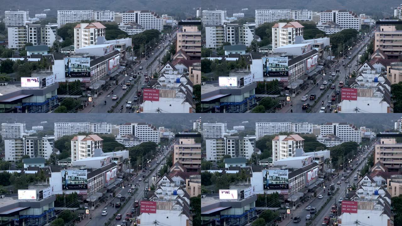 在泰国清迈建立街道和公寓大楼的镜头