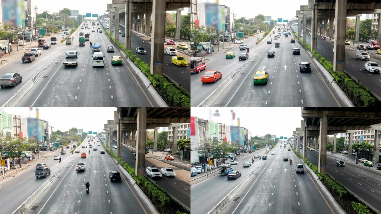 很多车。曼谷的交通。时间流逝城市中的汽车交通