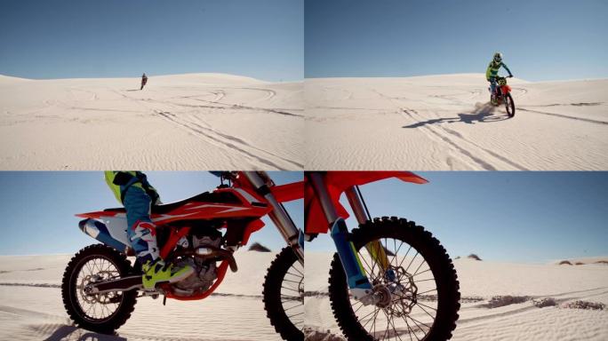 越野摩托车骑手在沙漠中表演独轮车