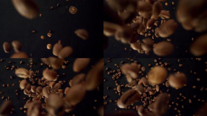 咖啡豆的特写微距拍摄细节被丢弃，背景被隔离在黑色上