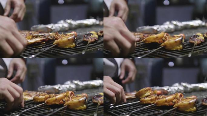 野炊 -- 烤架上的烤虾