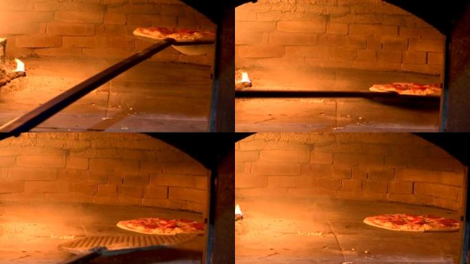 把披萨放在木头上的披萨烤箱里
