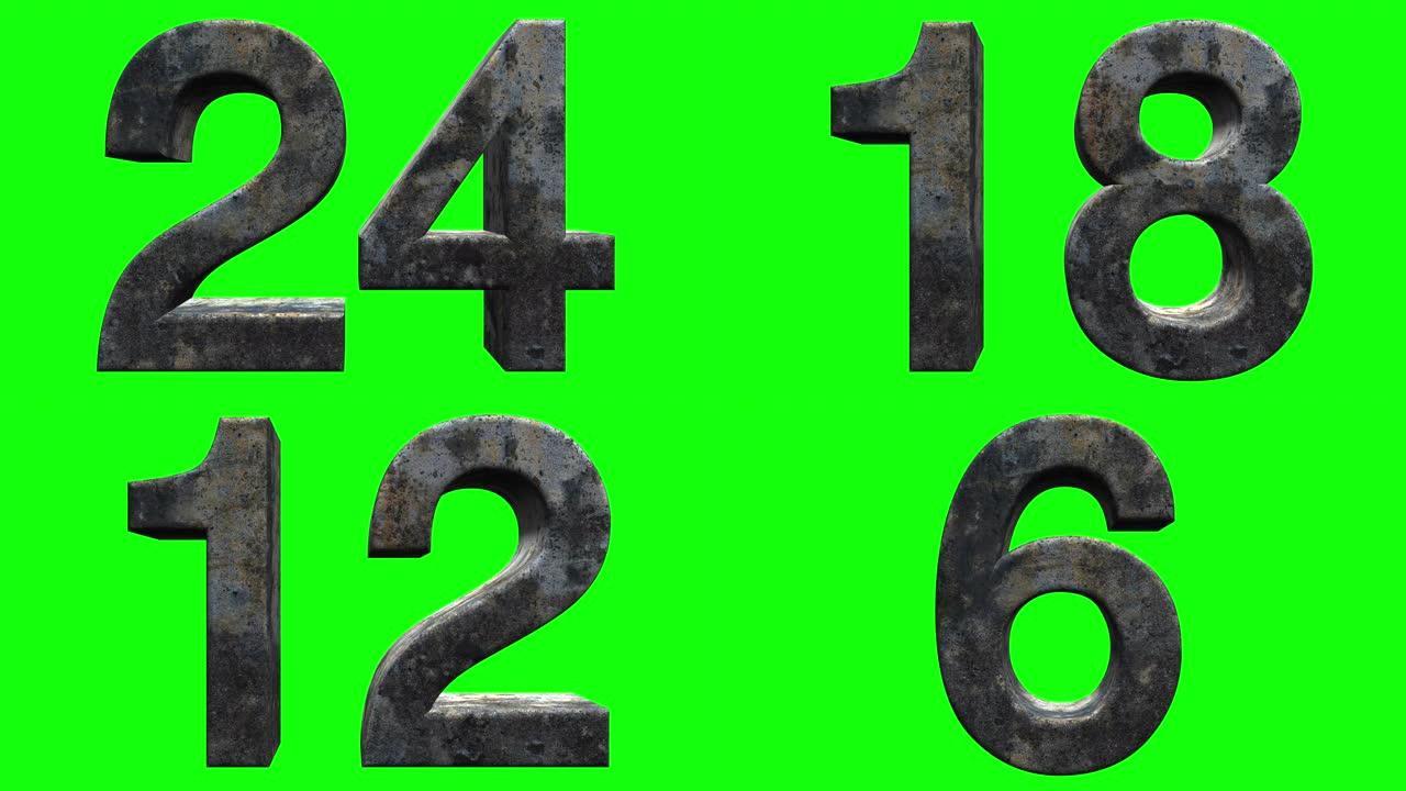 绿屏背景下的30比1倒计时-由经典老石制成的数字