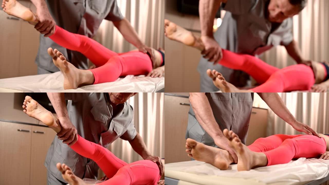 男性手动内脏治疗师按摩师治疗一名年轻女性患者。与下背部的臀部和骨盆肌肉一起工作