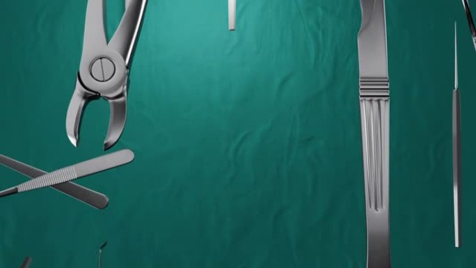 绿色背景上的一组牙医工具手术。3D动画选择性聚焦。