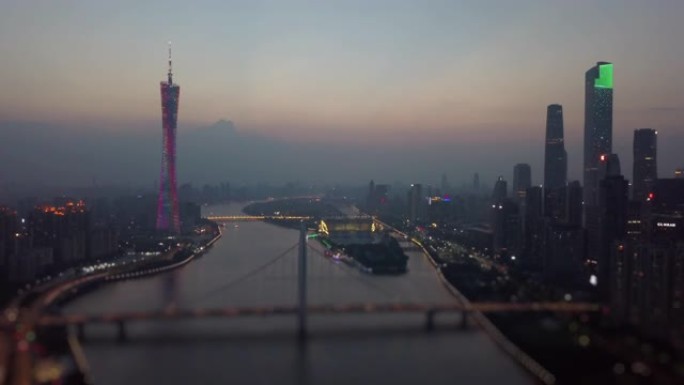 夜景照明广州市中心广州塔河大桥空中全景倾斜换挡4k中国