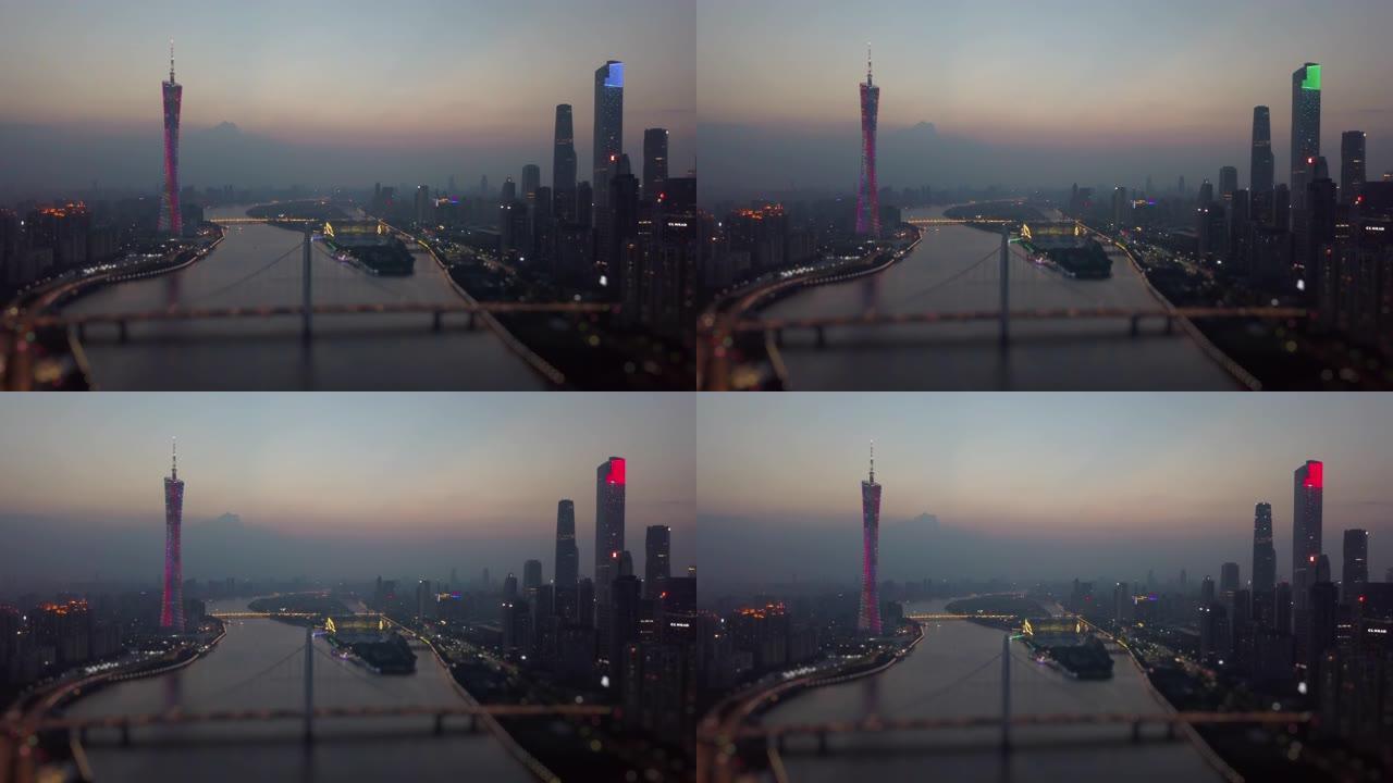 夜景照明广州市中心广州塔河大桥空中全景倾斜换挡4k中国