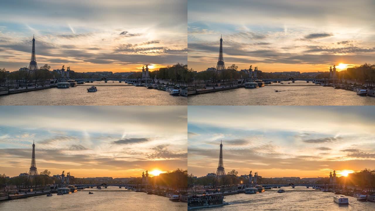 巴黎法国时间流逝4K，城市天际线日落时间流逝塞纳河，亚历山大桥三桥和埃菲尔铁塔