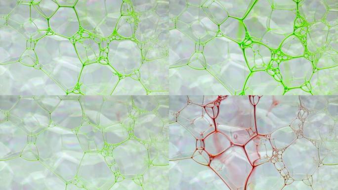 彩色肥皂泡沫与爆裂气泡背景。摘要生物结构，大分子模式。紫色墨水填充了大量在液体中形成的白色小气泡。自