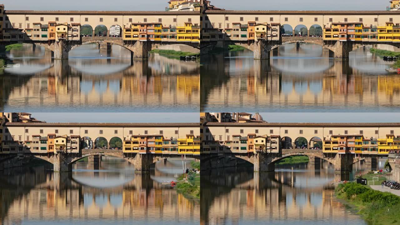 意大利佛罗伦萨晴朗的夏日，阿尔诺河上的中世纪石桥韦基奥桥的过度流失。