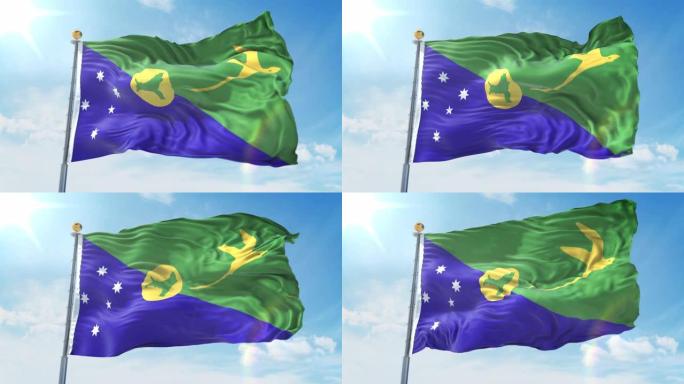 圣诞岛的旗帜在深蓝色的天空中迎风飘扬。国家主题，国际理念。3D渲染无缝循环4K