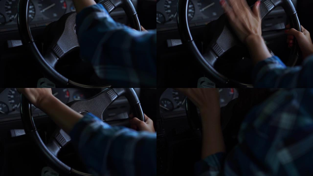 年轻的旅游妇女驾驶旧的红色汽车，关闭在车内的女性手推方向盘和鸣笛愤怒，汽车事故，撞车