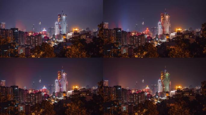 黄昏时分，中国澳门城市天际线的延时。