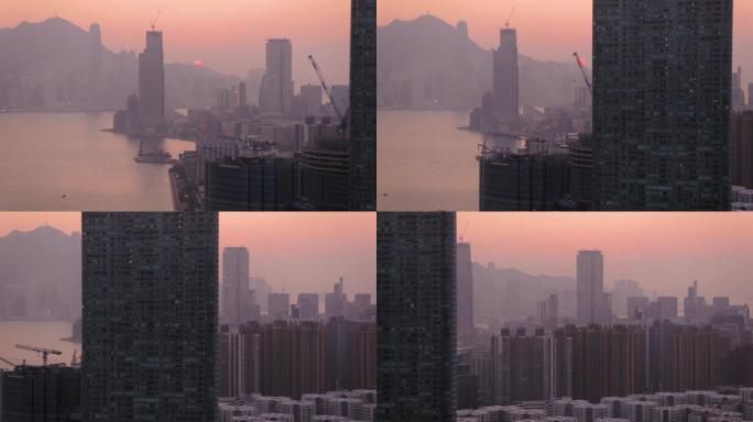 香港空中v23飞越九龙湾，享有城市景观日落美景，cineflex外观。