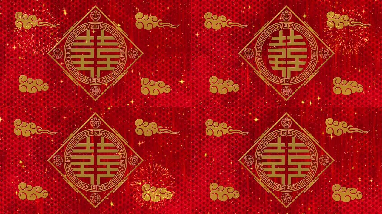 农历新年，春节背景，双喜，simbol，云，闪闪发光的星星。活动的农历新年红纸背景。3D渲染动画。无