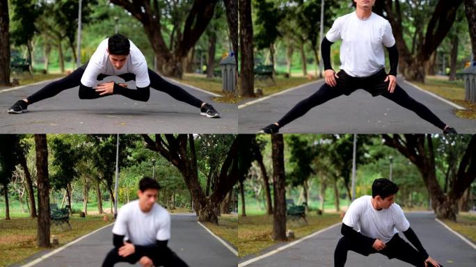 跑步男子在公园跑步，锻炼户外健身。女性慢跑者在有树的公园里的道路和街道上奔跑。跑步者进行户外有氧运动