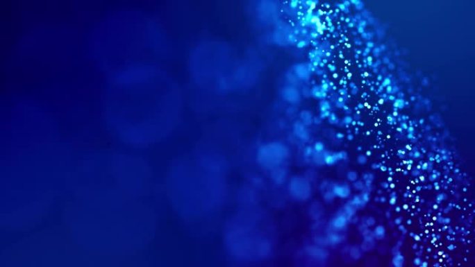 神奇的蓝色发光颗粒在粘性液体和明亮的闪闪发光中流动。科幻小说。4k 3d科幻背景，具有闪闪发光的粒子